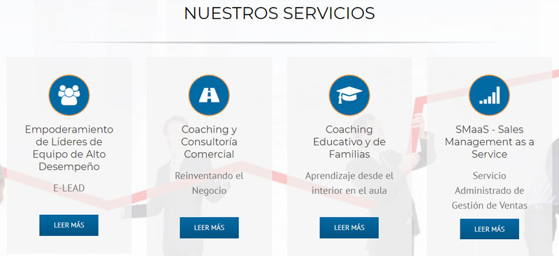 Nuestros Servicios - E-LEAD: Empoderamiento de Líderes de Equipo de Alto Desempeño / Coaching y Consultoría Comercial / Coaching Educativo y de Familias / Smaas - Sales Management as a Service